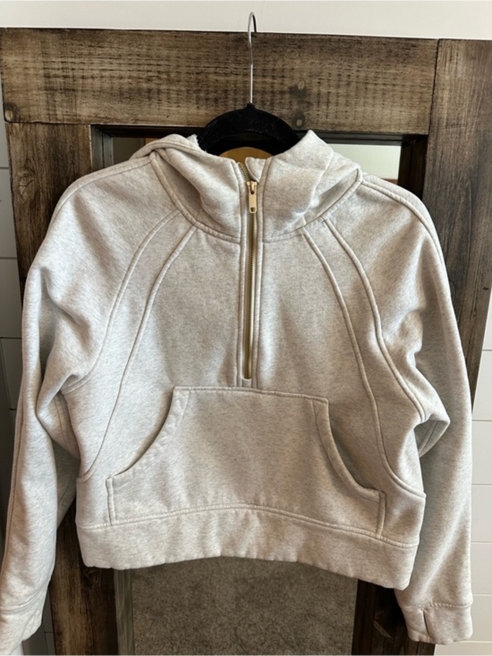Cropped Half Gold Zip Fleece Hoodie Oatmeal S Athleisure Loungewear Cozy Casual